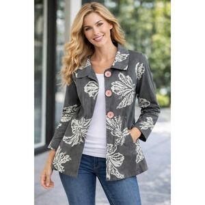 3 Sisters Women Gray Off White Floral Pink Lg‎ Button Closure Lightweight Jacket